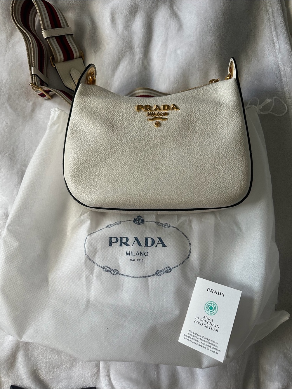 Prada White Leather Shoulder Bag with Striped Detachable Strap